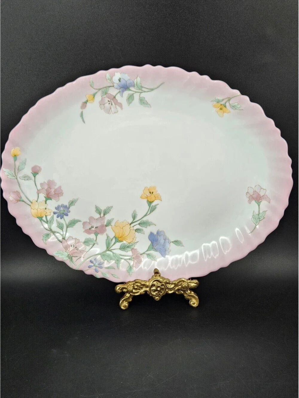 Vintage Arcopal France Elise Oval Serving Platter Pink Ombre Rim Floral 13